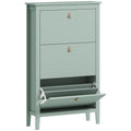 HOMCOM green three-drawer shoe cabinet, studio view with middle drawer open