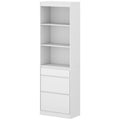 White narrow bookcase with 3 open shelves above 3 drawers on a white background