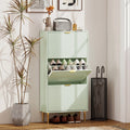 Slim Green Fluted Hallway Shoe Cabinet, 3 Flip Drawers, Adjustable Racks, Gold Legs & Handles