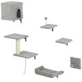Grey 6 Piece Cat Wall Shelves Set with Bed Scratching Post and Toy Ball by PawHut
