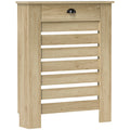 Oak radiator cover with slatted front and top storage drawer, studio shot
