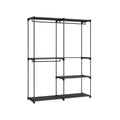 Black open clothes rack with three hanging rods and shelves on a white background