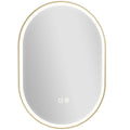 Gold oval LED bathroom mirror with a soft glowing edge and touch controls, studio shot