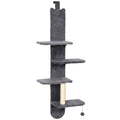 Dark grey over-door cat shelf with four platforms and hanging ball on white
