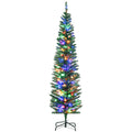Front view of a 6ft pre-lit pencil Christmas tree with multicoloured LED lights on a black steel stand
