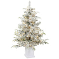 4ft snow flocked Christmas tree with warm white lights in a white pedestal pot on a white background