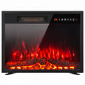 Black recessed electric fire insert on feet with glowing red log-effect flames, studio front view