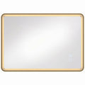 Gold rectangular LED bathroom mirror with rounded corners and a warm glowing edge, studio shot