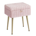 Jelly Pink plush vanity stool with gold tapered legs and a gold ring pull on the lid