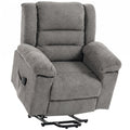 Oversized riser recliner chair in soft chenille, front angled studio view with lift base