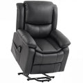 Charcoal grey PU leather riser recliner chair in the raised lift position with remote in the side pocket