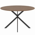 Round brown wood-effect dining table with black X-shaped steel legs on a white background