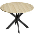 Round natural wood effect drop leaf dining table with black steel X-shaped legs on a white background