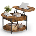 Rustic brown round coffee table with the top lifted, books inside and a basket on the lower shelf