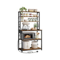 Rustic brown kitchen baker's rack with power outlet, styled with appliances