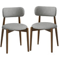 Set of 2 grey chenille dining chairs with walnut-tone rubberwood legs on a white background