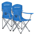 Two blue Songmics folding camping chairs with armrests and cup holders on a white background