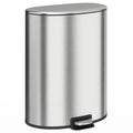 Silver brushed stainless steel 50L oval pedal bin on a white background