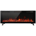 Black slim 107 cm electric fire on plastic feet with glowing flames, studio front view