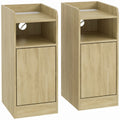 Set of 2 oak slim bedside tables with open shelf and closed cabinet door