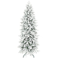6ft slim green and white flocked pencil Christmas tree on a plain white background