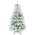 5ft snow flocked Christmas tree on a white background with a dark green metal base