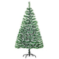 5ft snow-flocked green Christmas tree on a black metal stand against a white background