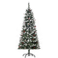 5ft snow flocked pencil Christmas tree with red berries and pine cones on a white background