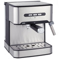 Brushed stainless steel espresso machine with a steam wand on a white background