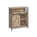 Toasted oak and black Vasagle storage cabinet with sliding barn door and open top shelf