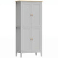 Tall grey four-door pantry cupboard with a wood-effect top on a white background