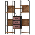 Rustic brown industrial bookcase with open shelves and 3 fabric drawers on a black steel frame