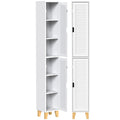 White tall slim bathroom cabinet with louvered doors, open and closed, on bamboo legs