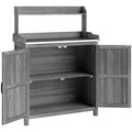 Grey Wooden Garden Potting Bench with Metal Worktop and Storage Cupboard for Outdoor Organisation Outsunny