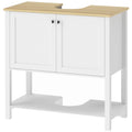 White under sink bathroom cabinet with 2 doors, open lower shelf and U-shaped cut-out on a white background