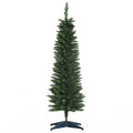 5ft green unlit pencil Christmas tree on a dark plastic stand against a white background