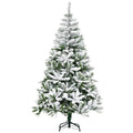 Front view of a 6ft snow flocked Christmas tree on a black steel stand