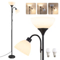 Black Vasagle uplighter floor lamp with white shades and the 2 included LED bulbs beside it