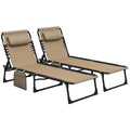 Beige Folding Sun Lounger Set of 2 with Adjustable Backrest and Pillow for Garden or Beach