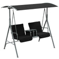2 Seater Garden Swing Chair With Tilting Canopy Double Padded Seats And Side Tray Black