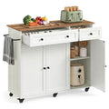 White and brown kitchen island trolley with 3 doors, 2 drawers and a towel rack, with one door open showing the shelf
