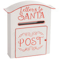 White metal Christmas postbox with red Letters to Santa and POST lettering on a plain background