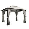 3x3.6m Metal Garden Gazebo with Curtains and Mesh for Shaded Private Outdoor Seating, Light Grey Outsunny
