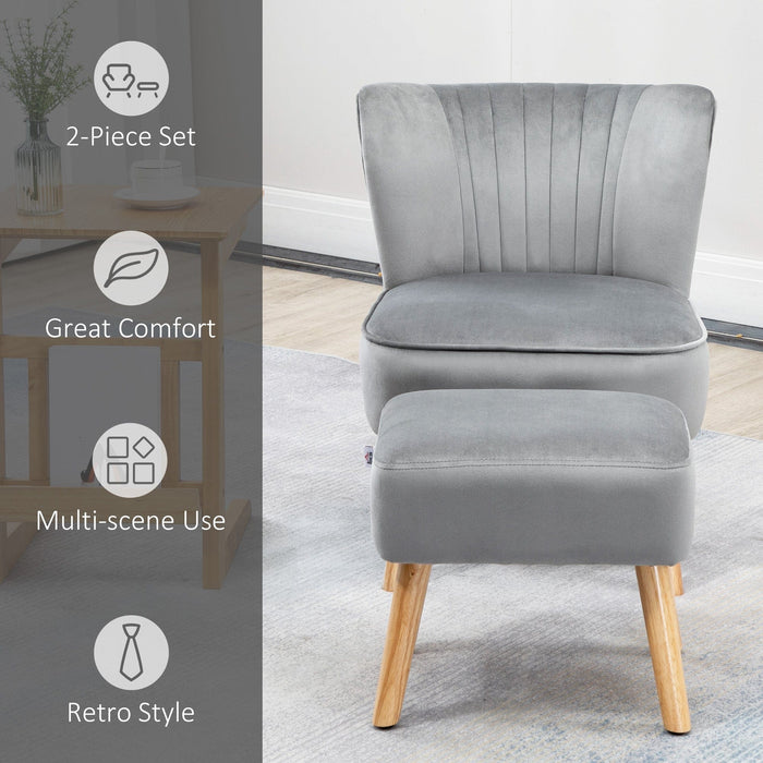 Contemorary Grey Velvet Accent Chair With Footstool