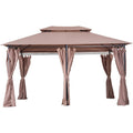 Metal Frame Gazebo With Sides, Garden Pavilion, 4x3m, Brown Outsunny