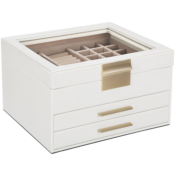 3-Layer White Leather Jewellery Box, Glass Top