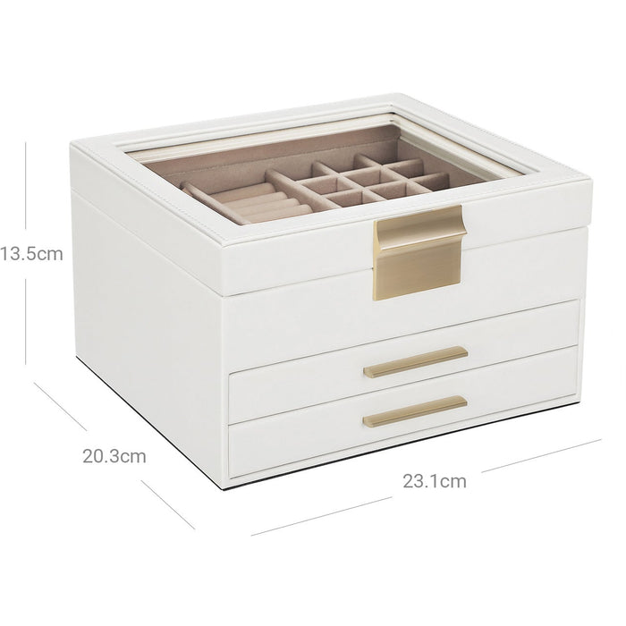 3-Layer White Leather Jewellery Box, Glass Top