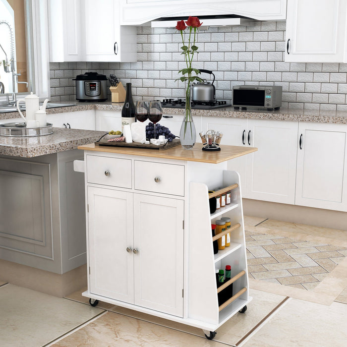 Kitchen Island With Spice Rack, White With Rubber Wood Top