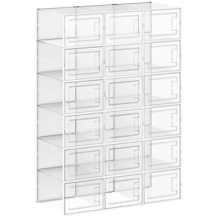 Stackable Shoe Storage Boxes, 18 Slot, Clear/White