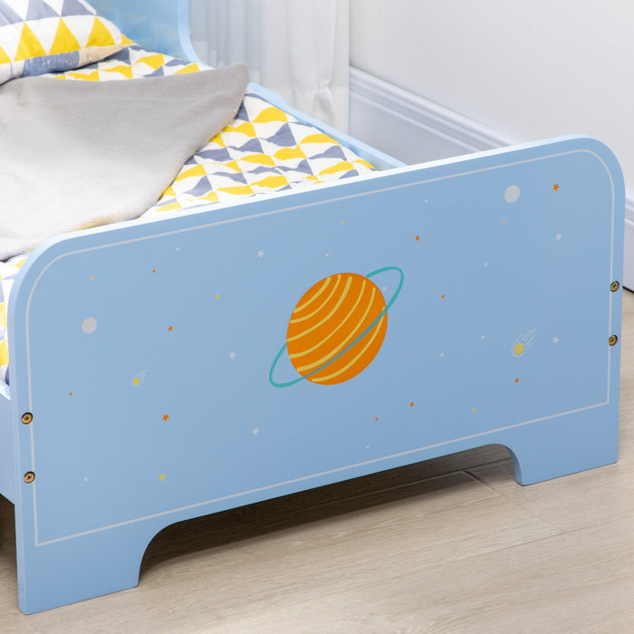 Blue Toddler Bed: Rocket & Plants Patterns, Safety Rails